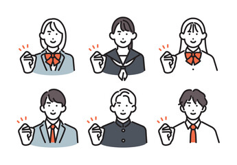 Fototapeta premium シンプル イラスト 自分や周りを鼓舞する男女の学生6人セット ベクターイラスト