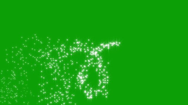 Bright magical glitter star trail animation with twinkling white particles, fairy dust sparkle, doodle stars, shimmering light streaks and smooth motion graphics on a green screen, 4K...