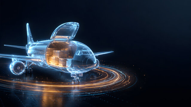 Airplane hologram cargo plane aircraft freight shipping export import global logistics aviation transport digital technology glowing