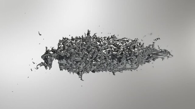 Metallic bullet impacting a cylindrical metal object, causing violent deformation and chaotic liquid-like metal splatter.