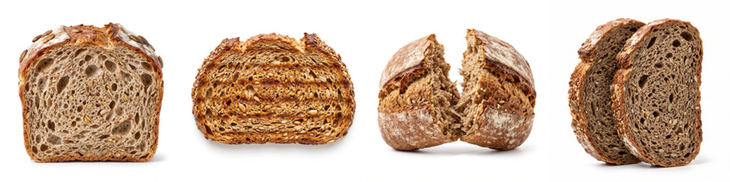 Sourdough bread slices and rustic loafs isolated on white background, showcasing crisp crust, porous crumb texture, and wholesome grains for organic bakery packaging design