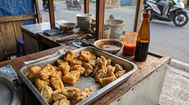 Traditional Indonesian batagor served at a local street food stall with peanut sauce, chili sauce, and sweet soy sauce, showcasing everyday Indonesian culinary culture