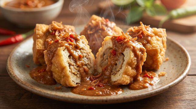 Close-up food photograph of crispy Indonesian batagor with savory fish and tofu filling covered in peanut sauce, highlighting texture and authentic street food presentation