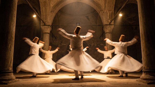Whirling dervishes in traditional white garments performing a mystic Sufi dance ritual inside a historic stone building in Turkey