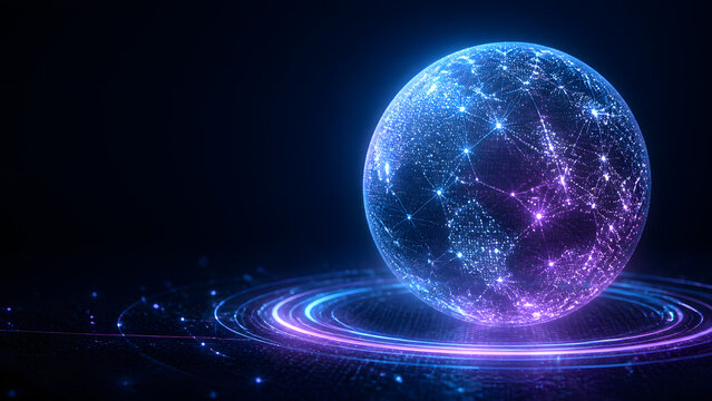 Glowing digital globe sphere with network connection line above dark light ring at night scene