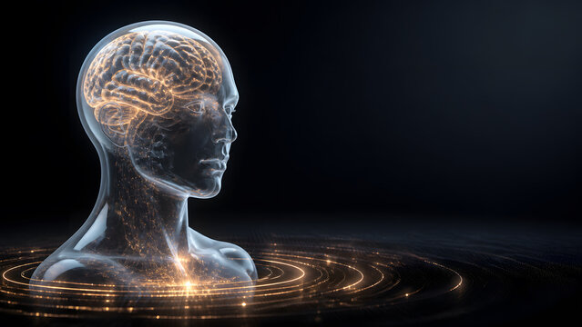 Glass human profile head with glowing golden brain above dark digital light ring at night