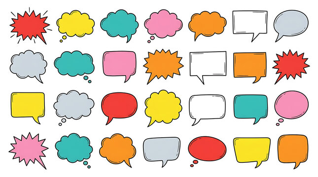 Vibrant and diverse collection of hand-drawn comic speech bubbles and thought balloons, dynamically arranged for creative expression