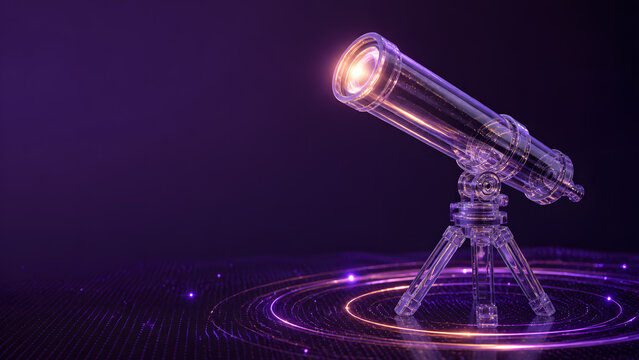 Transparent glass telescope glowing on tripod above dark circular digital light ring at night scene