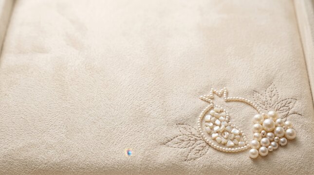 Thanksgiving white background border featuring a 3D silk textile texture, pearl pomegranate arrangement, and generous copy space for stationery design.