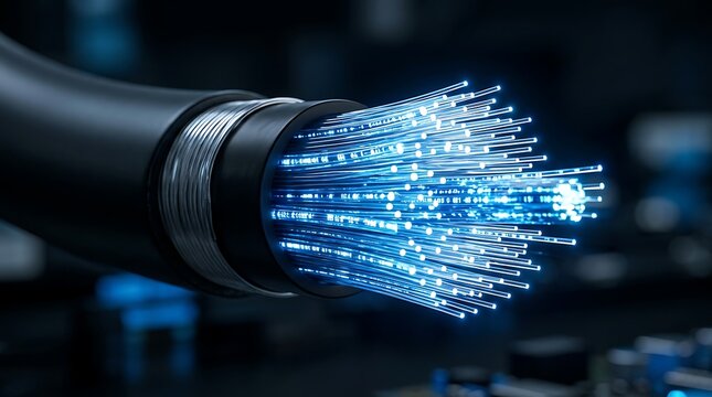 Fiber optic cable with glowing blue light. High speed internet data transfer. Digital network communication technology.