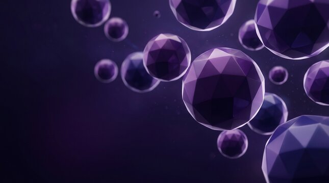 Abstract background featuring multiple dark purple glossy low poly spheres floating in deep space with soft ambient lighting effects
