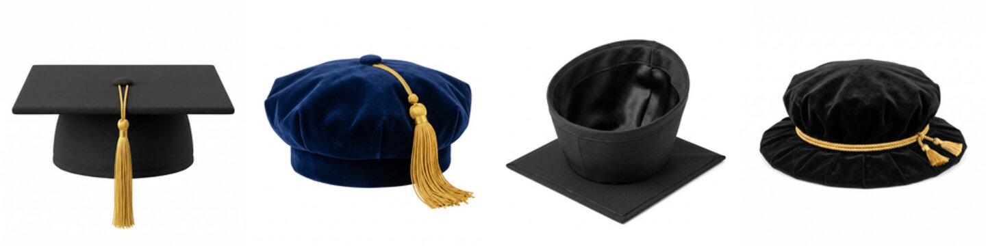 Graduation caps and doctoral tams set with mortarboards, velvet berets, and golden tassels isolated on white background for university ceremony, education, and college degree concepts