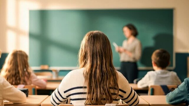 Students sitting at desks facing teacher at chalkboard in sunlit classroom, back view.