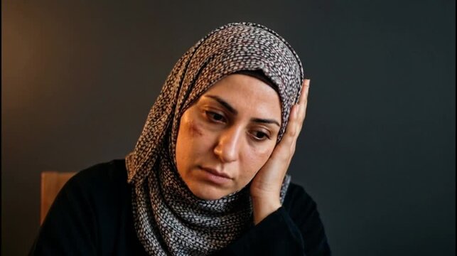 Sad woman in hijab with bruise on cheek resting head on hand, domestic violence awareness concept