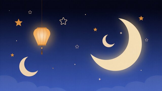 A glowing paper lantern hangs in the night sky surrounded by crescent moons with lantern suspended against flat vector illustration moons decorative stars