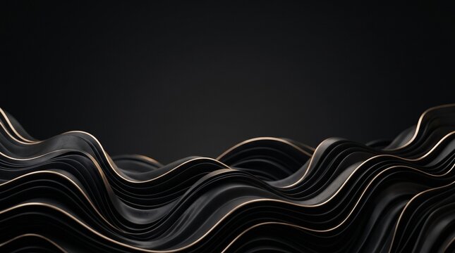Abstract background featuring elegant flowing dark waves with thin metallic gold lines in a minimalist three dimensional style