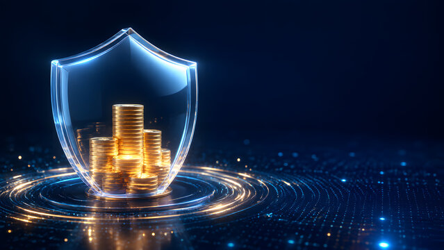 Glass shield protecting gold coin stack representing security saving insurance safety guard defense safeguard asset wealth