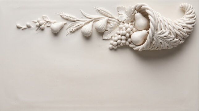 Thanksgiving white background border utilizing 3d porcelain craftsmanship, fruit cornucopia, and copy space for table settings