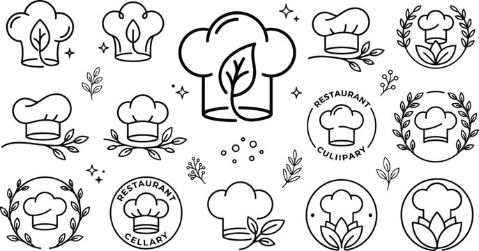 Chef hat leaf eco organic restaurant logo set culinary bakery badge black line outline vector illustration stock asset