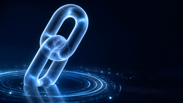Glass chain link glowing blue with digital ring pattern symbol for network connection blockchain technology data