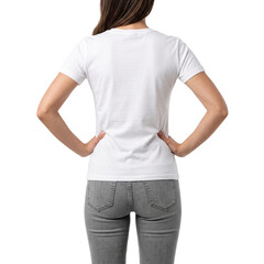 Obraz premium Back View Woman Wearing Plain White T-Shirt and Grey Jeans, Isolated