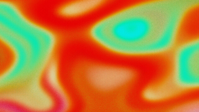 Abstract thermal halftone dot pattern with intense red heat zones and turquoise halos on a textured orange background. Suits cyberpunk nightclub and DJ event flyer design.