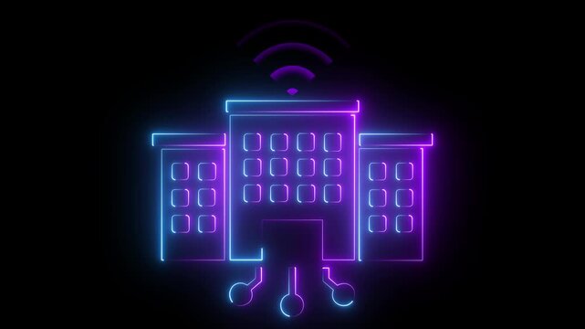 Neon smart building with wi-fi signal and circuitry animation for digital infrastructure and io t concepts