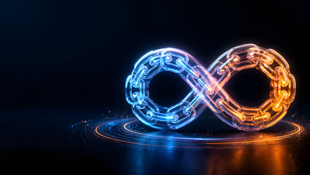 Blue and orange glass infinity chain symbol glowing above digital ring pattern representing endless connection partnership loop
