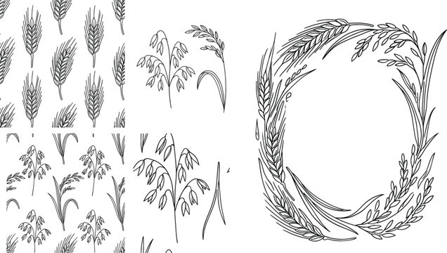 Hand drawn cereal grains wheat barley oats frame wreath seamless pattern line art vector illustration set isolated