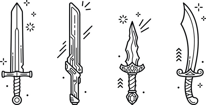 Medieval fantasy weapons set featuring sword cyber blade dagger scimitar line art vector outline illustration design