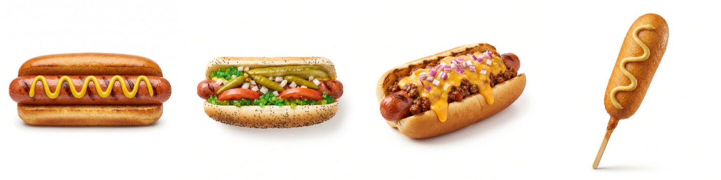 Hot dog assortment with corn dog featuring classic, Chicago-style, and chili cheese sausages on soft buns, studio shot on white for American diner, menu, and fast food design