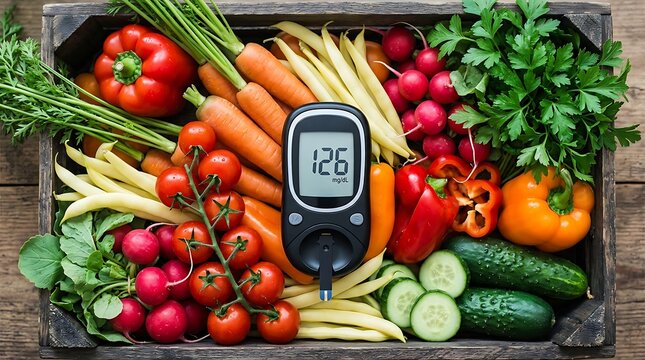 Blood Glucose Meter with Fresh Vegetables in Wooden Crate for Healthy Diet