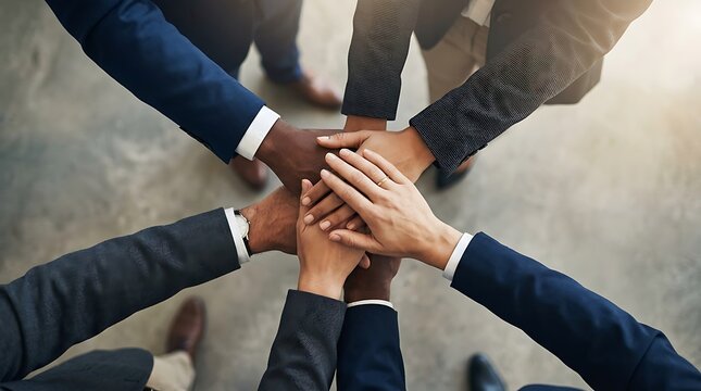 Diverse business professionals stacking hands together in unity and teamwork for success