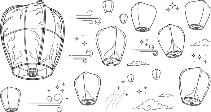 Sky lantern paper lamp release festival night flight wish cloud wind black line outline vector illustration stock asset
