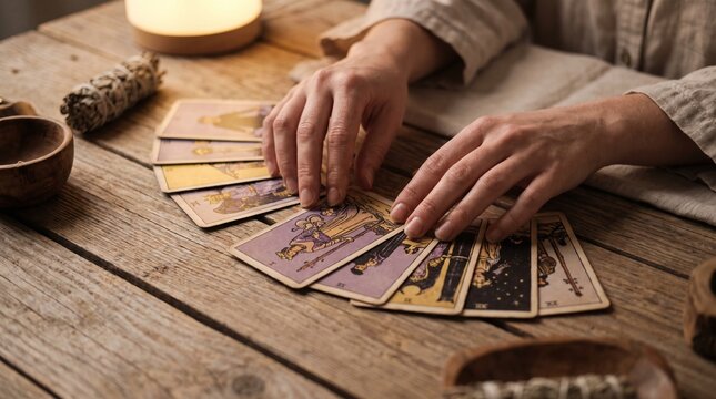Woman's hands arranging tarot cards on a wooden table, spiritual practice and introspection
