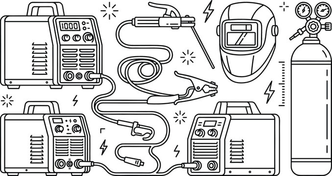 Welding machine set electrode holder helmet gas cylinder ground clamp black line art outline vector illustration stock asset