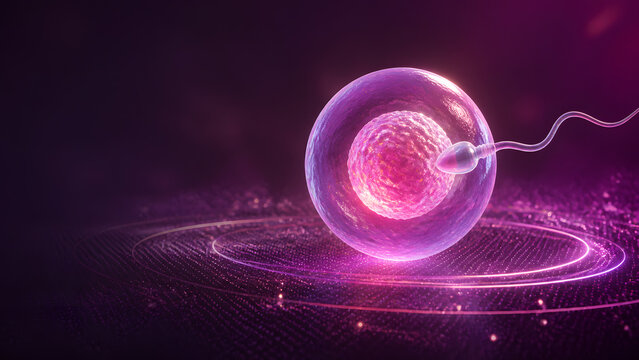 Glowing pink egg cell meets sperm cell together on digital surface representing human fertility reproduction science