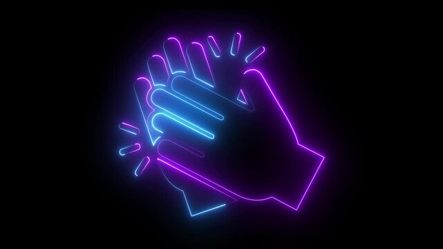 Neon clapping hands animation, glowing blue and purple applause for social media engagement and live stream reactions