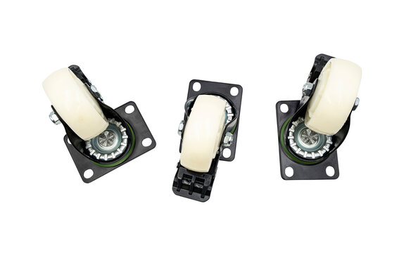 Three swivel caster wheels with cream nylon tires and black mounting plates, isolated on a transparent background for furniture, carts, and equipment use.