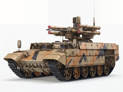 Camouflage infantry fighting vehicle with missile launchers and cannon military