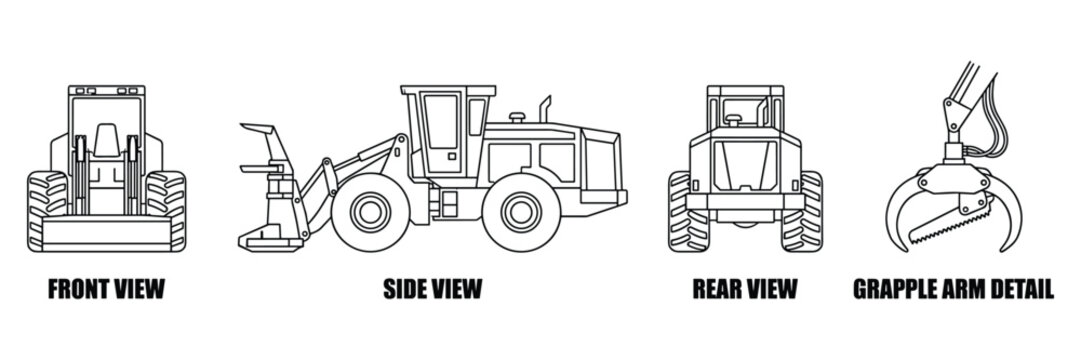 Forestry grapple skidder front side rear views and grapple arm detail isolated on white vector.