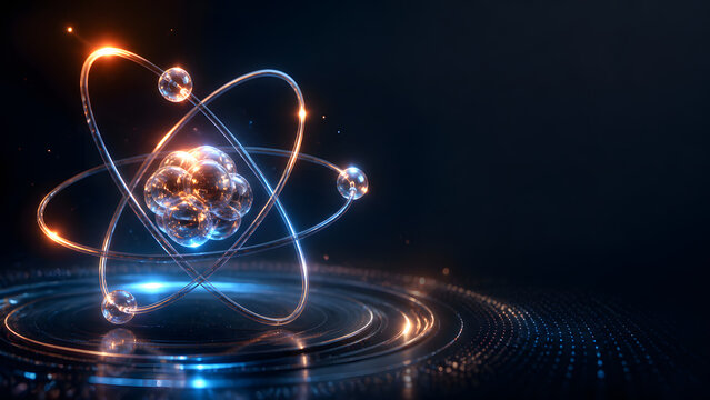Glass atom model with glowing orange nucleus orbits blue electron above digital circle floor design