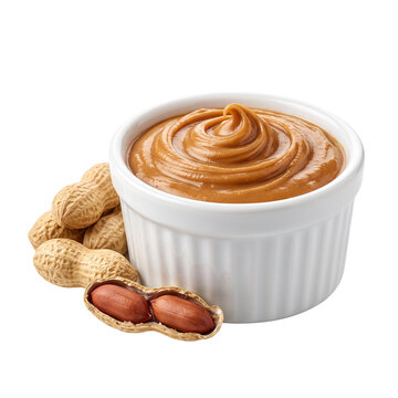 Creamy Peanut Butter in Bowl with Whole Peanuts, Isolated