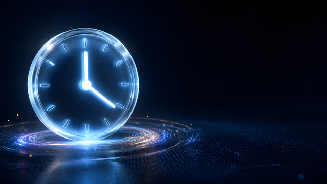 glass clock glowing blue hands showing time management schedule deadline punctuality efficiency countdown planning business hour