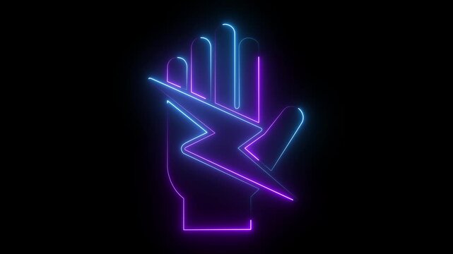 Neon hand sign with electric lightning bolt animation, glowing cyberpunk style symbol
