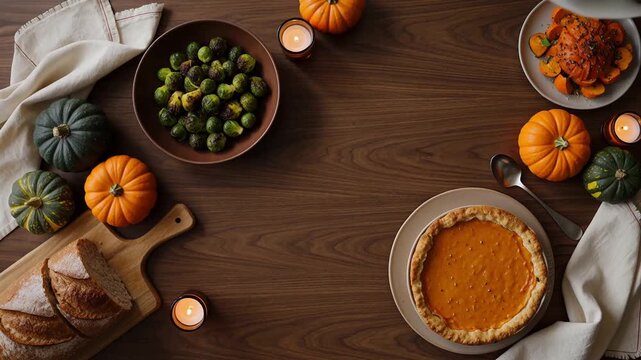 Mesa de cena de Acci&oacute;n de Gracias vista desde arriba, decorada con comida oto&ntilde;al, tarta de calabaza, pan, verduras, velas y manos preparando una cena familia