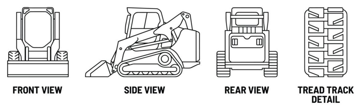 Skid steer loader front side rear views and tread track detail vector illustration.