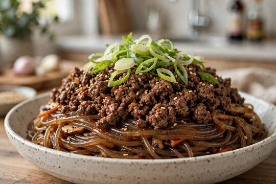 Korean Ground Beef and Noodles Bowl 1 - Side-view medium shot of a siz