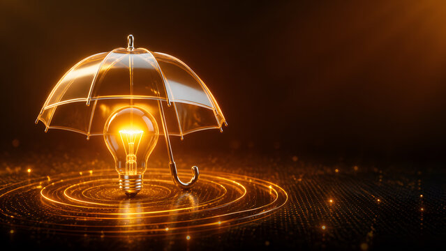 glass umbrella glowing orange covering lightbulb idea protection insurance safety security innovation shelter coverage risk business
