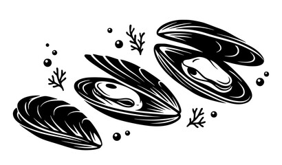 Mussel Shells Seafood Black Silhouette Ocean Vector Set © abdul